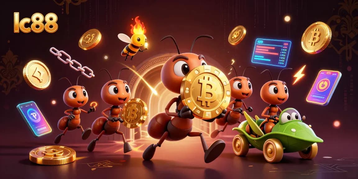 Experience the exciting world of lc88 as cartoon ants run a daring poker heist surrounded by glowing crypto coins.