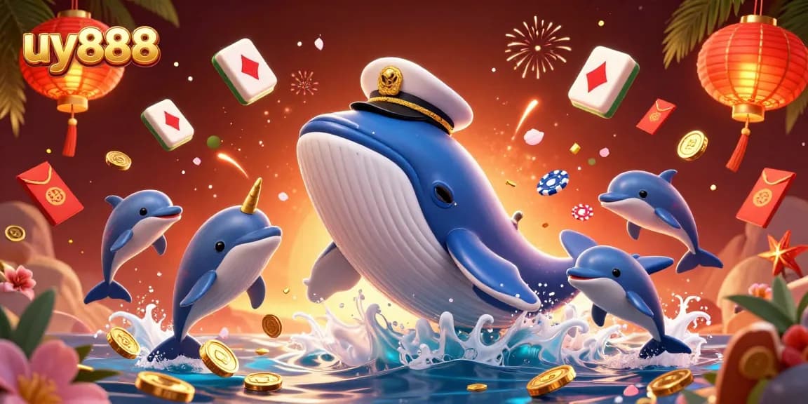 Experience thrilling adventures at uy888 casino with playful dolphins showcasing poker chips and a majestic whale.