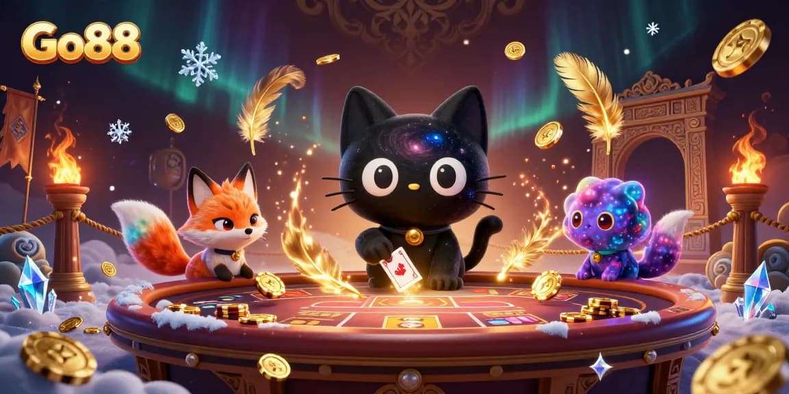 Engage with Go88 at this colorful cosmic casino, where a black hole cat and nebula fox generate excitement.