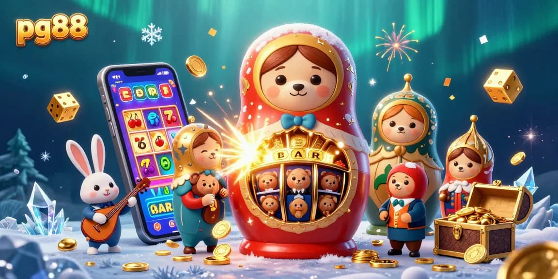 pg88 casino bears reveal winning slots and games in a vibrant 3D illustration.