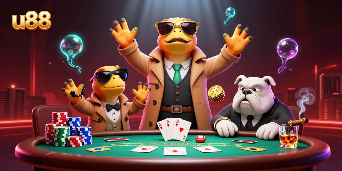 Raptors in trench coat entering VIP lounge at U88 casino, poker elements scattered.