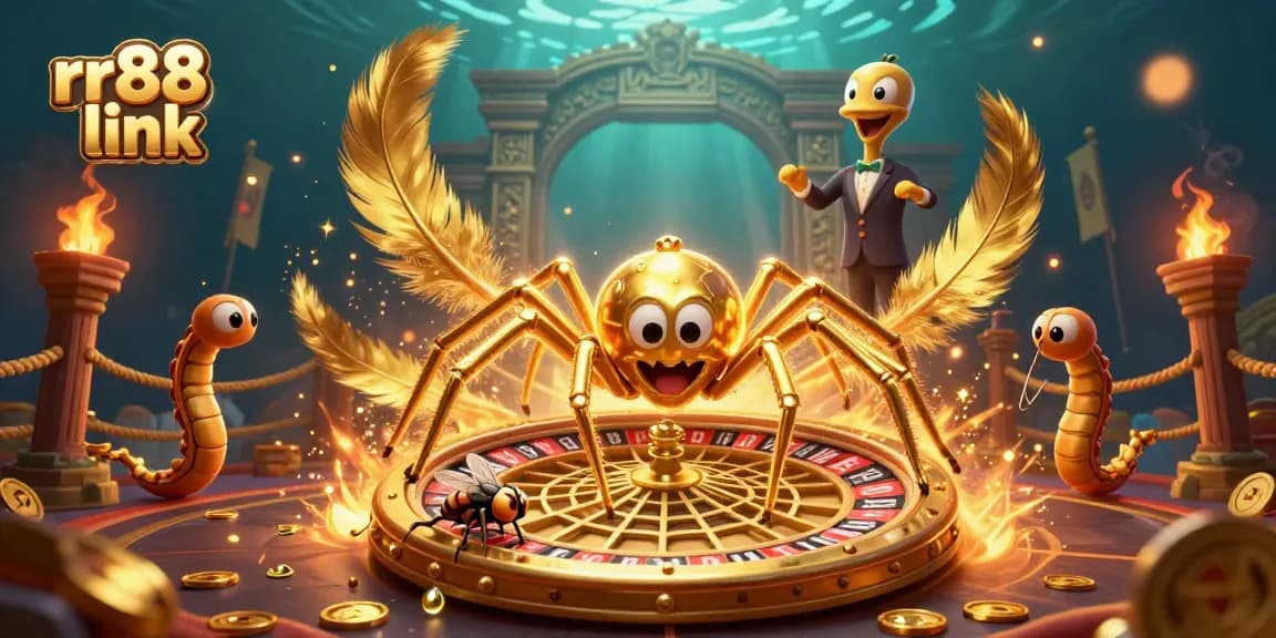Experience the thrilling rr88 link casino atmosphere with a golden spider and nervous fly in action.