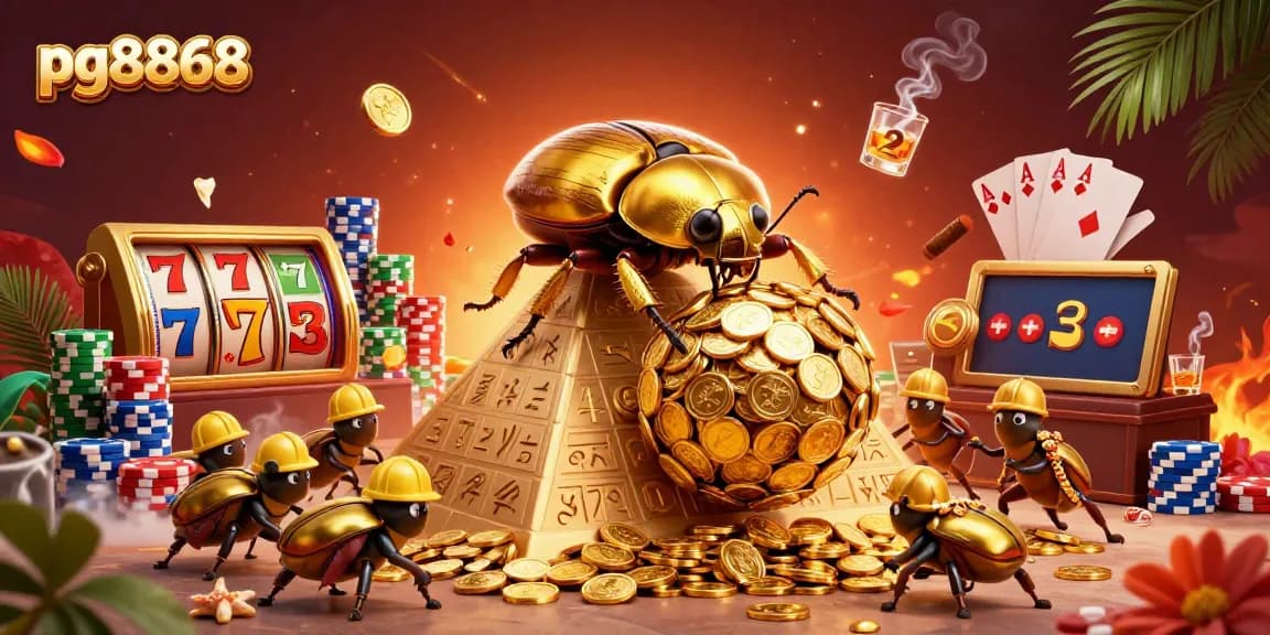 Experience excitement at pg8868 with a dynamic scene of golden beetles celebrating slots and jackpots.