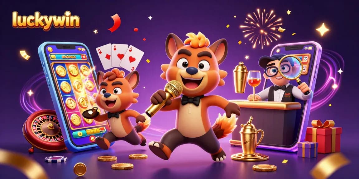 Experience the excitement of luckywin with hyenas in a vibrant casino scene featuring games and celebration.
