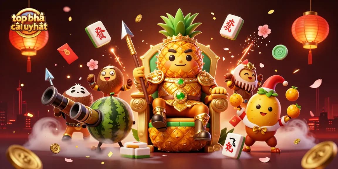 Experience the allure of top nhà cái uy tín with a lively 3D cartoon casino scene featuring a golden pineapple king and vibrant game elements.