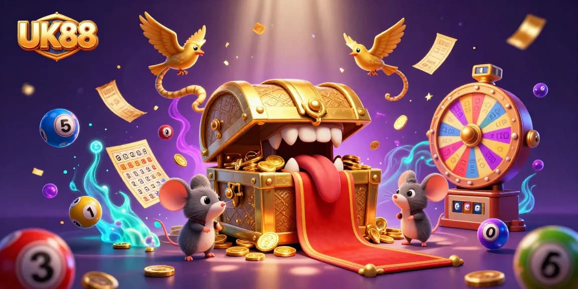 Engage with UK88 excitement through this dynamic illustration of a treasure chest and vibrant gaming elements.