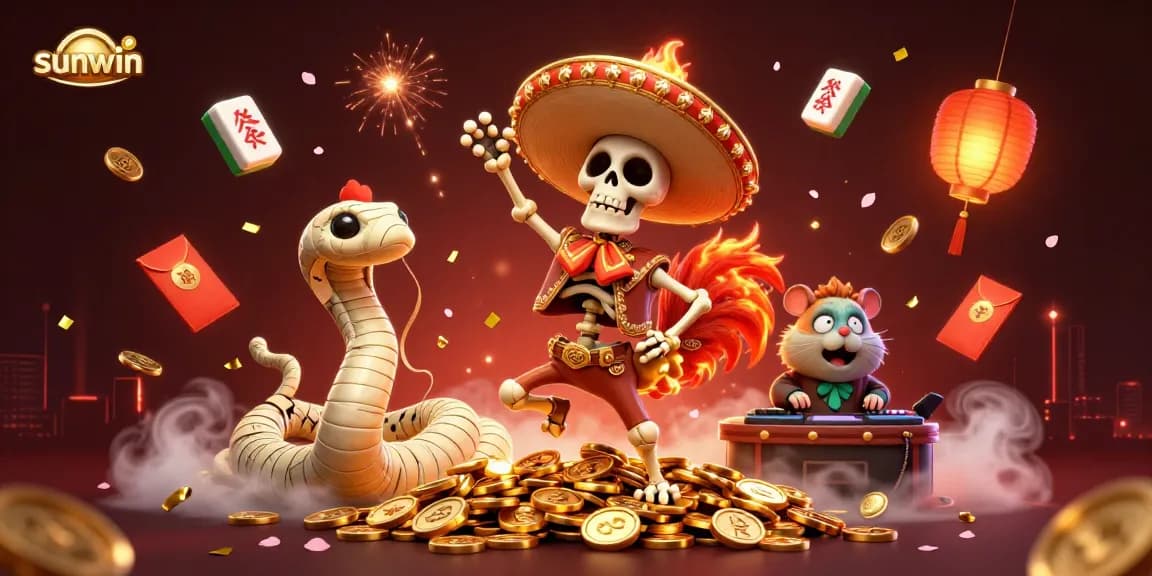 Experience the thrill of sunwin with vibrant 3D characters and gold coins in a casino setting.