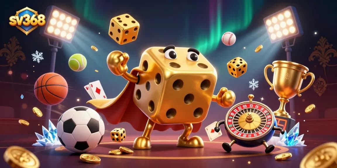 sv368 interactive gambling illustration featuring golden dice and dynamic sports elements.
