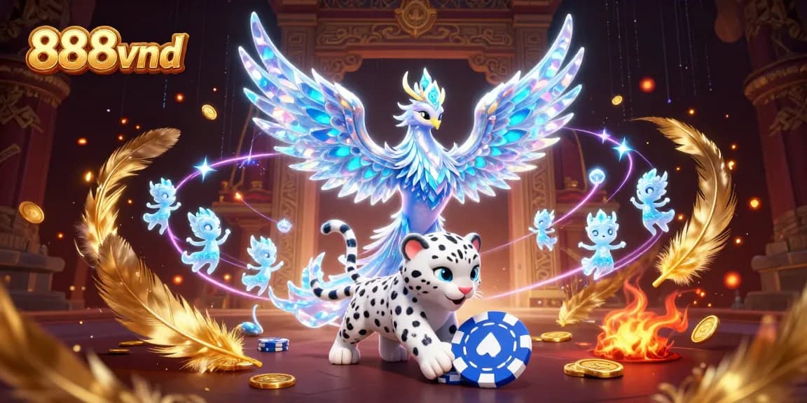 Win big with 888vnd in a mesmerizing casino scene showcasing an ice phoenix and poker chip.