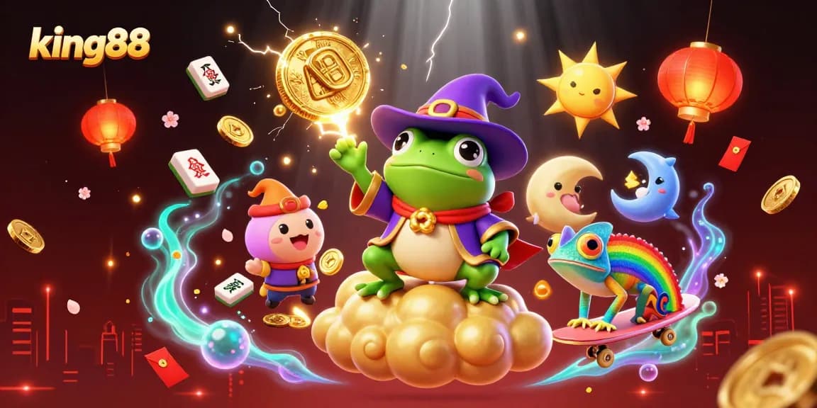 Experience thrilling action and wins with king88 amidst a vibrant casino atmosphere of golden coins and exciting game elements.