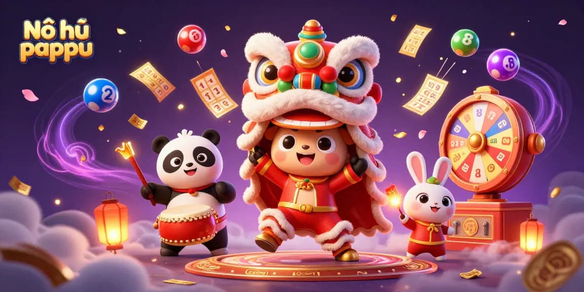 Nổ hũ pappu dynamic scene with lucky symbols and characters celebrating winnings.