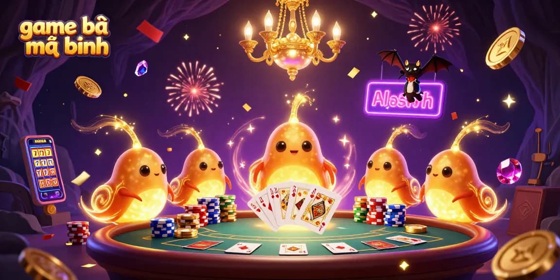 Experience game bài mậu binh with a lively casino scene featuring vibrant glowworms and a whimsical bat dealer.