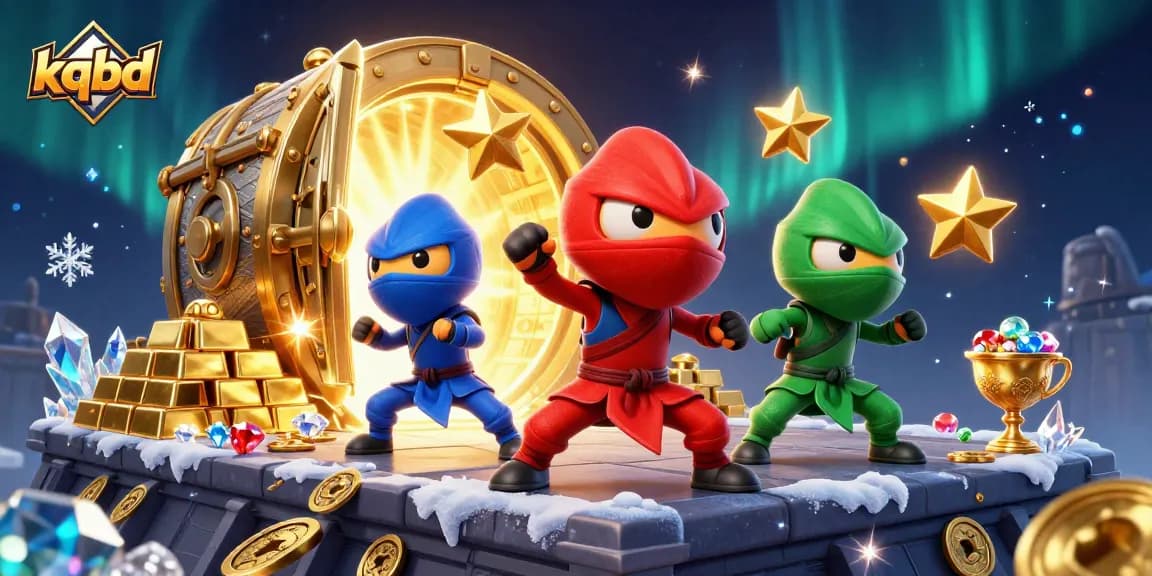 KQBD showcases a vibrant 3D ninja chameleon team amidst riches, dynamic betting excitement.