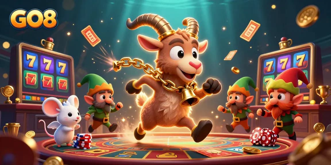 Experience the exciting world of GO8 with festive characters and casino games in a dynamic 3D scene.