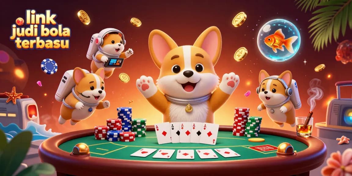 Engage with link judi bola terbaru in a vibrant space casino, featuring a corgi, hamster, and interactive gaming elements.