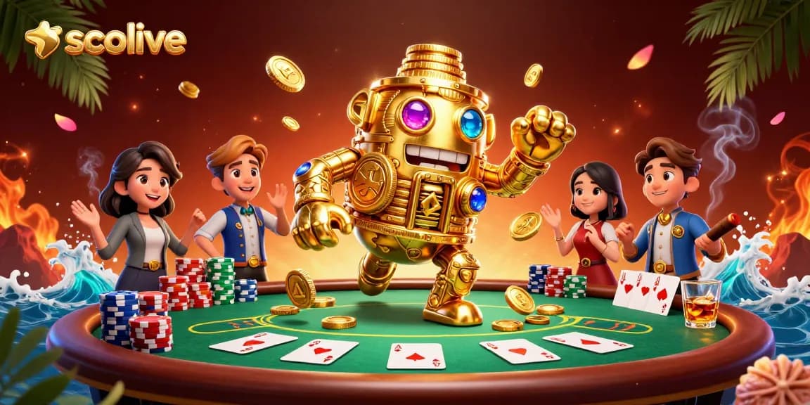 Socolive brings thrilling poker action with the golden golem and vibrant gameplay elements in a dynamic casino scene.