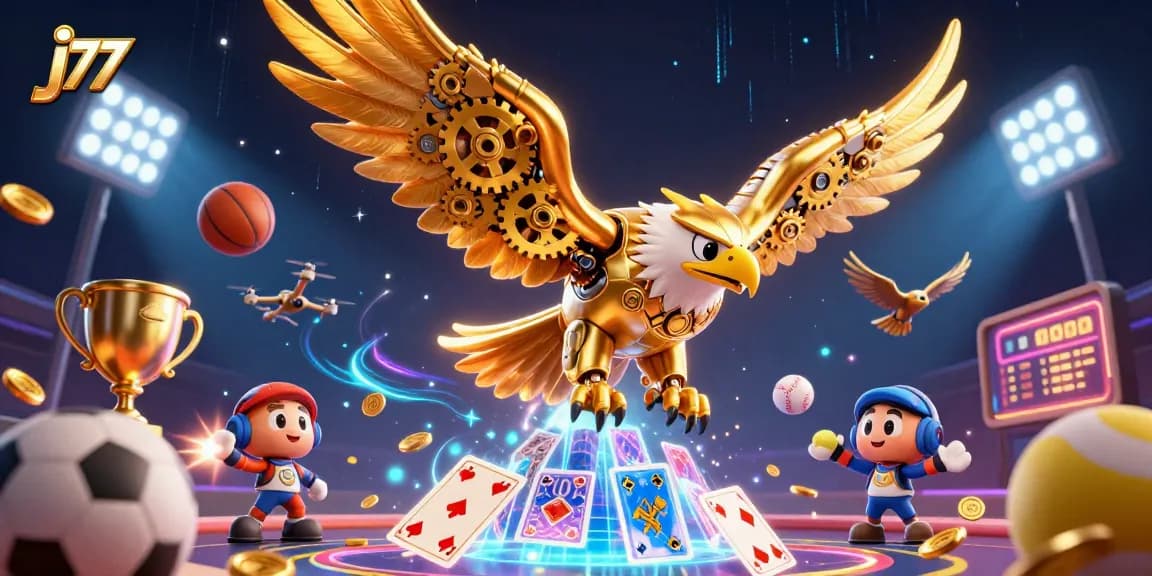 Embrace thrilling moments at j77 with a cybernetic eagle soaring among dazzling gaming elements.