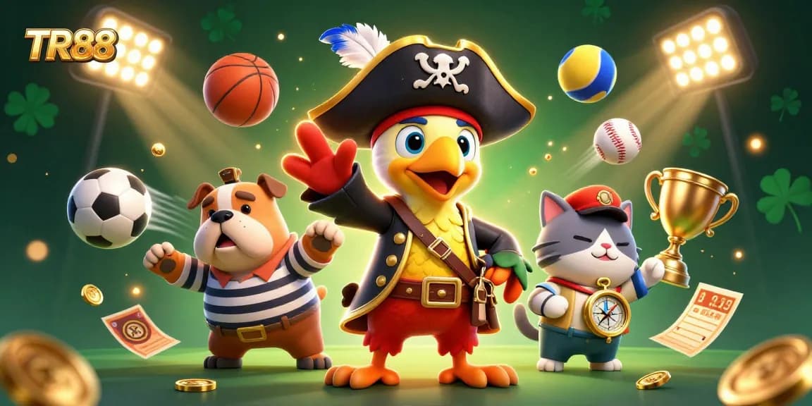 Experience thrill with TR88 as pirate characters command a lively casino scene filled with sports elements.