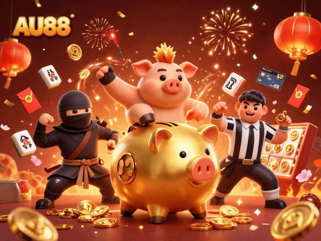 Engage with AU88's thrilling casino adventure featuring a golden piggy bank sumo wrestler and colorful elements.