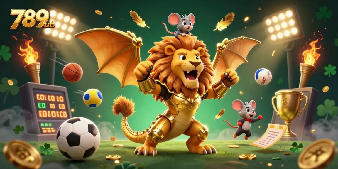 Experience the thrill with 789club's exciting gaming atmosphere featuring a roaring chimera and dynamic sports elements.