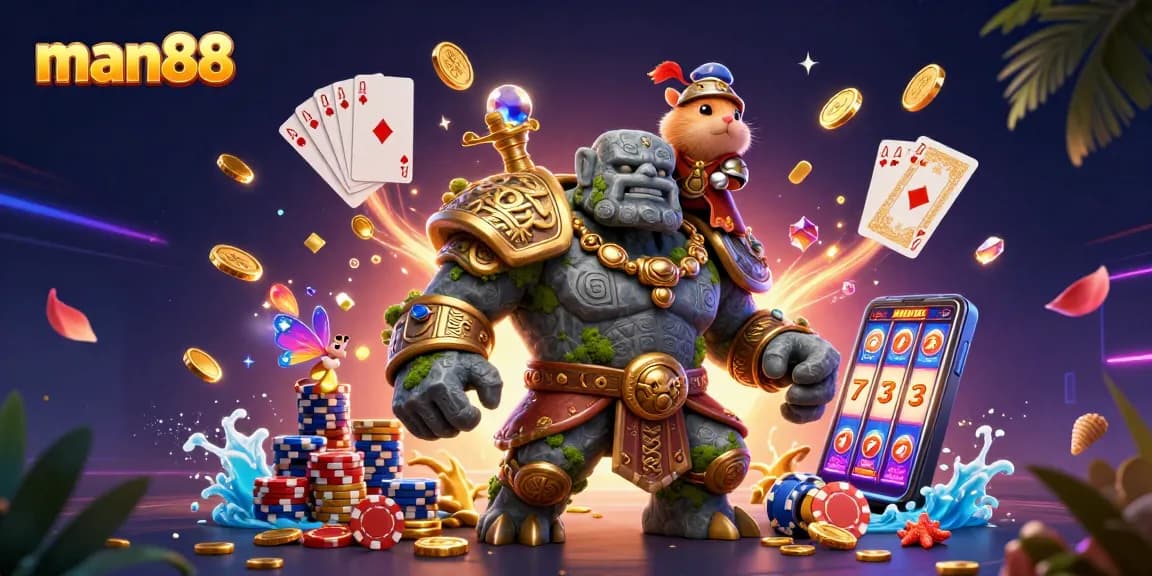 Experience exciting gameplay with man88, featuring a magical golem, fairy, and hamster knight.