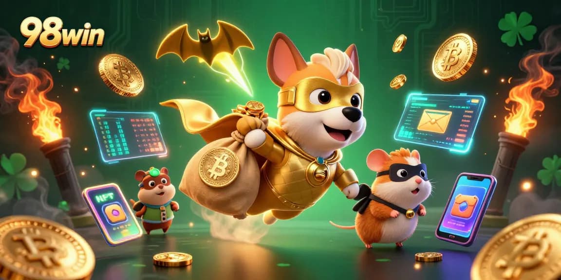 Bet on your luck with 98win as a superhero dog flies to victory carrying gold coins.