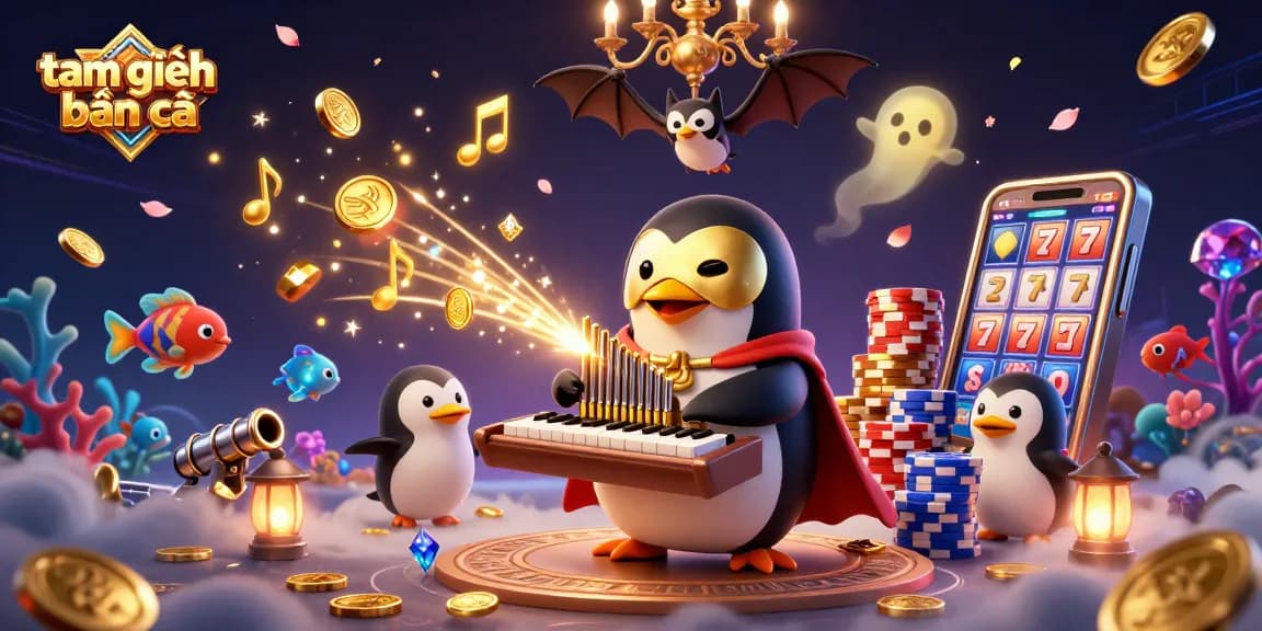 Engaging tam tiên bắn cá scene featuring a penguin organist and vibrant sea creatures amidst golden coins.