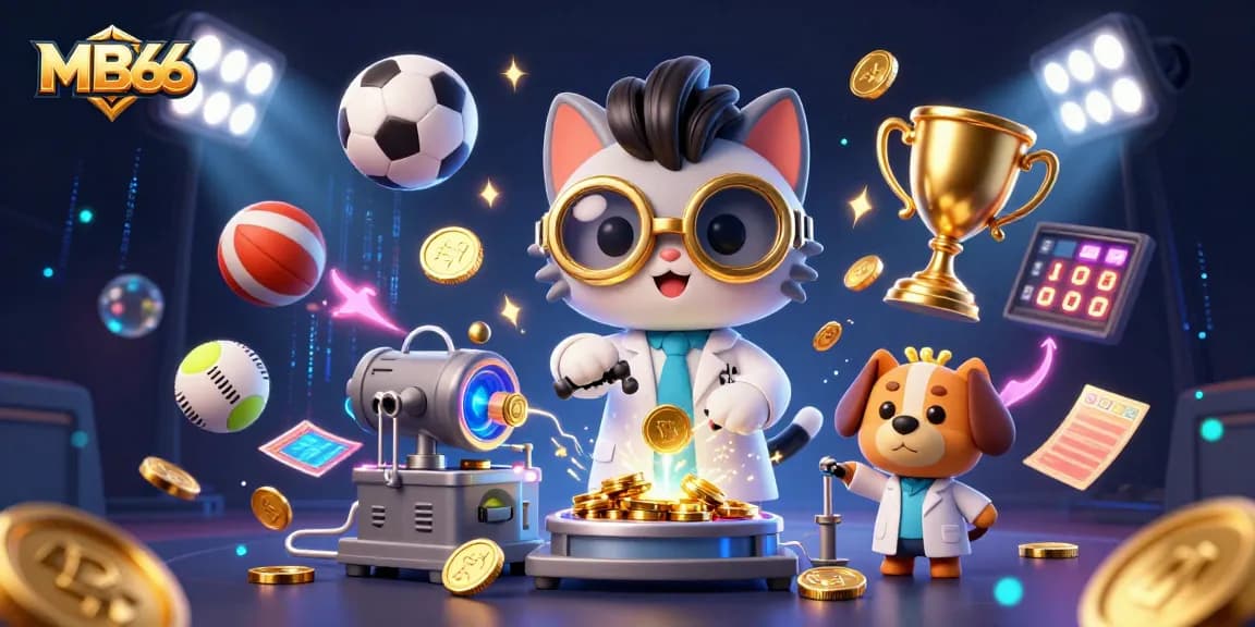 Engage with MB66's exciting casino theme featuring animated scientist cat and sports elements.