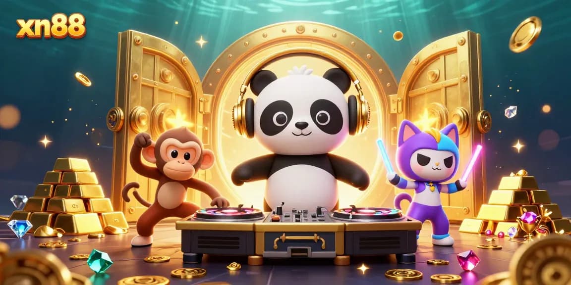 Win big at xn88 with a vibrant casino-themed scene featuring playful characters and dazzling treasure.
