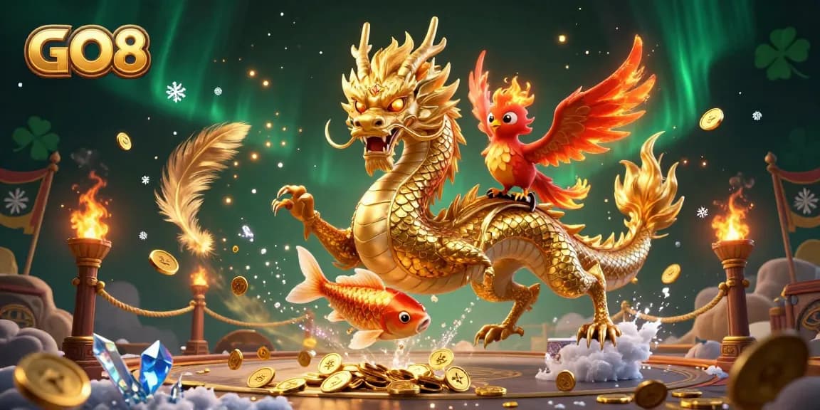 Experience lucky wins at GO8 with a golden dragon, phoenix, and koi in a rich casino scene.