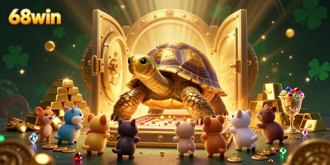 Engage in thrilling gaming experiences with 68win, showcasing vibrant scenes of a colossal tortoise pinball machine amid golden treasures.