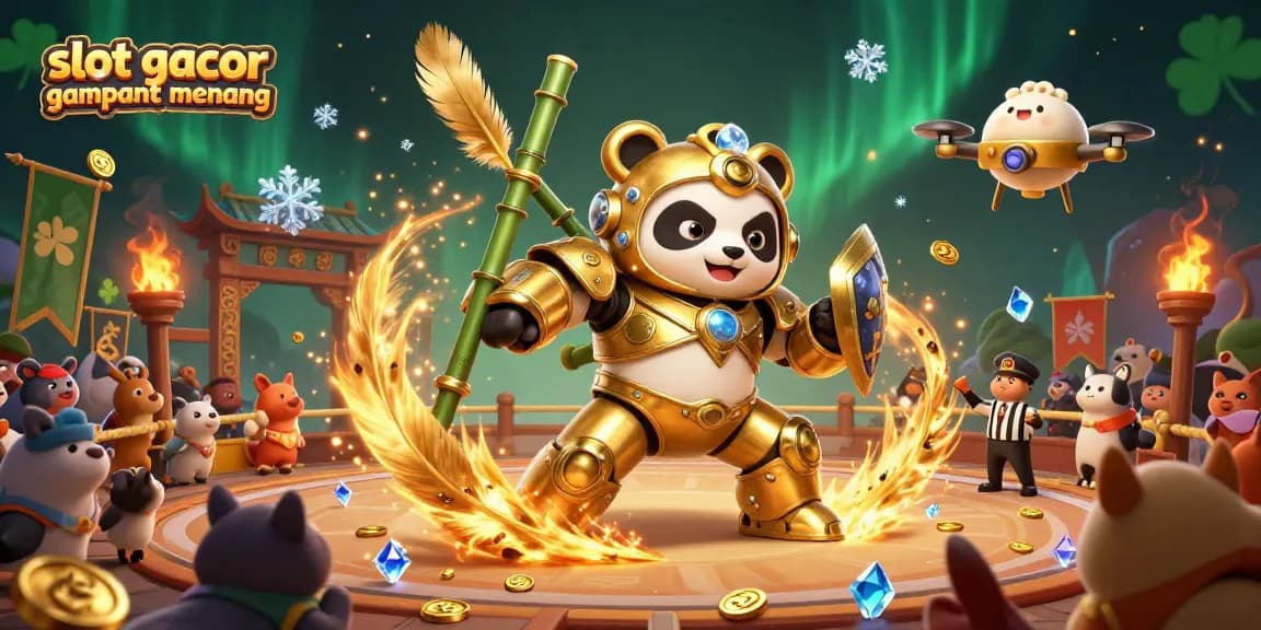 Experience slot gacor gampang menang with a golden panda robot battling in a vibrant arena.