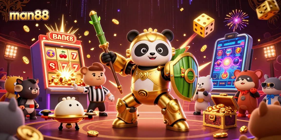 Engage in thrilling action with man88's lively 3D casino scene featuring exciting gaming elements.