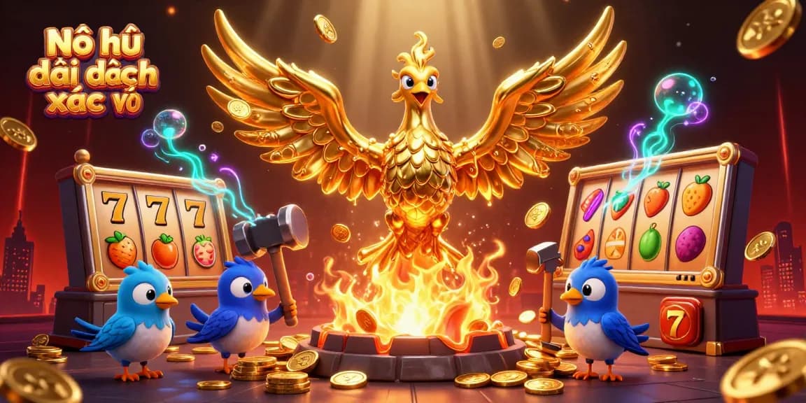 Nổ hũ đại dịch xác sống showcases a vibrant slot machine scene with a golden phoenix and casino elements.