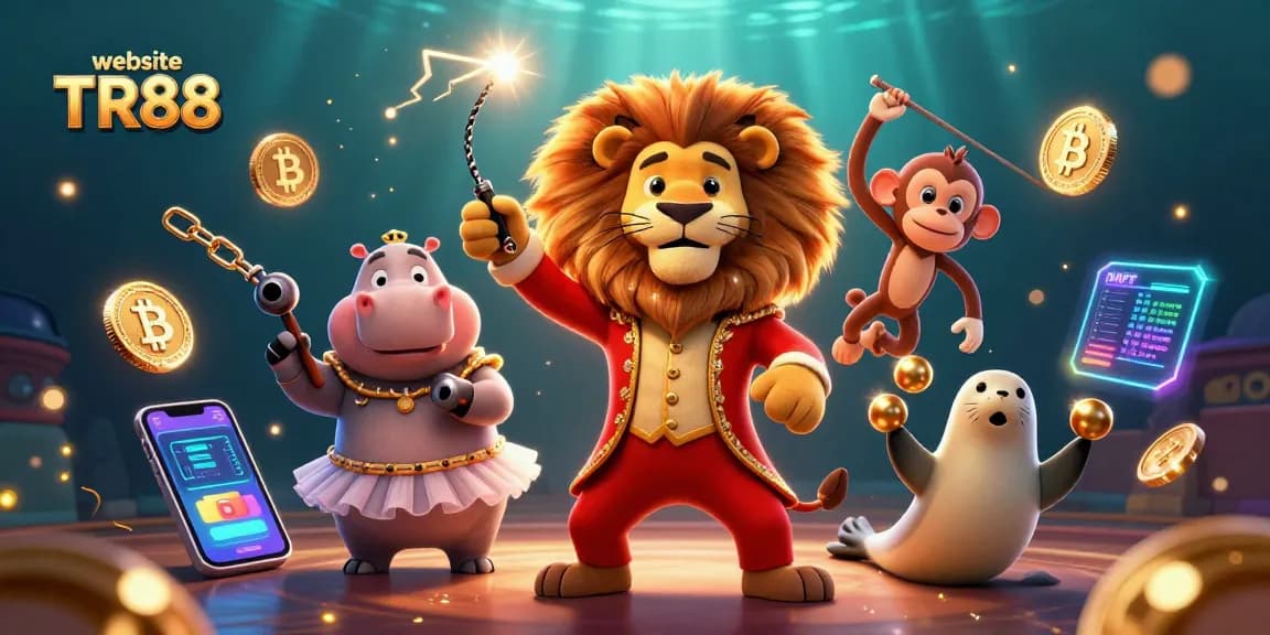 Experience thrilling entertainment at website TR88, featuring colorful circus characters amidst crypto-themed gaming elements.