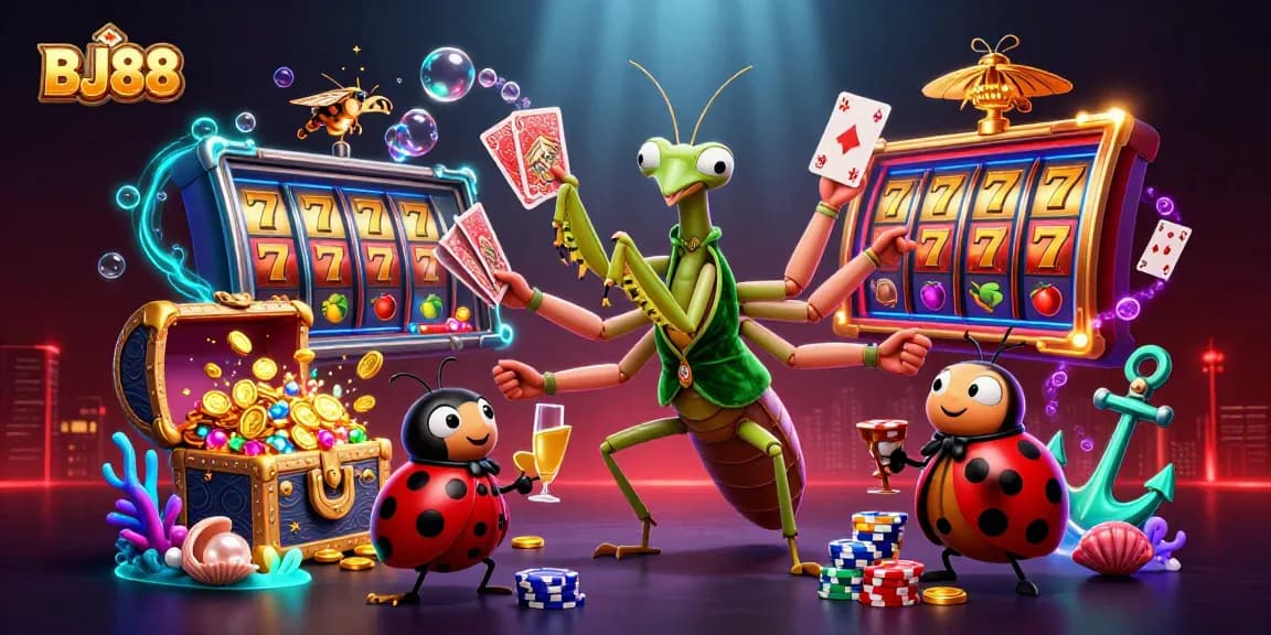 BJ88 showcases a vibrant casino scene with a giant card sharp and ladybug pit boss for an immersive online betting experience.