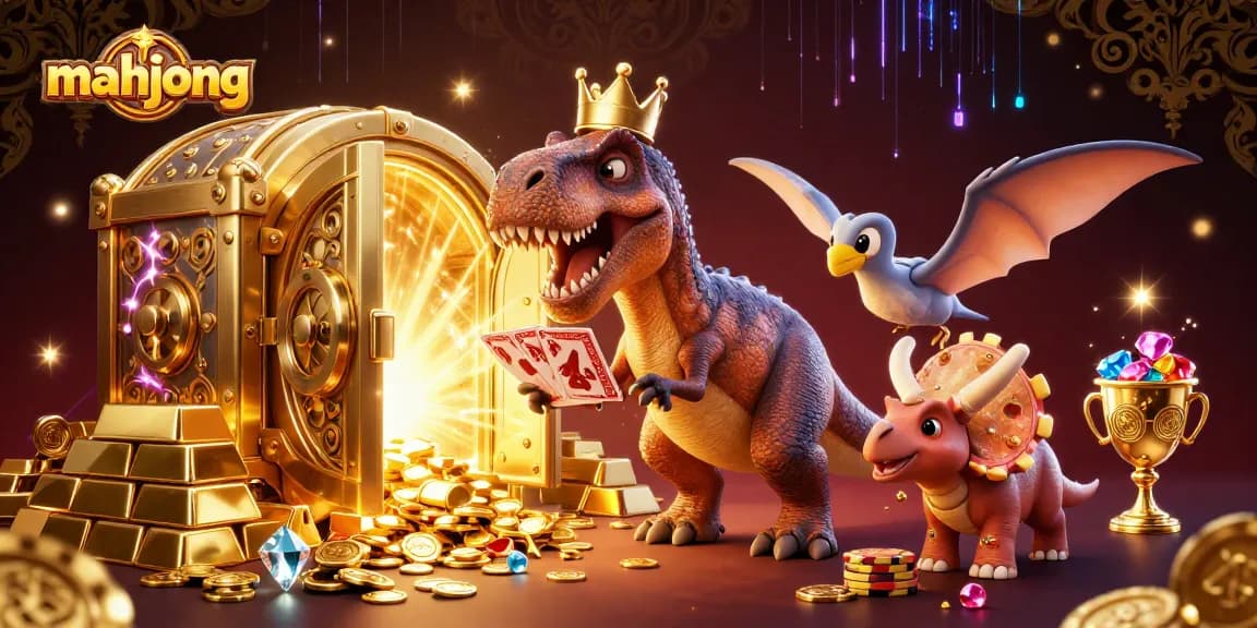 Experience thrilling mahjong slots with a T-Rex shuffling cards and treasure galore!