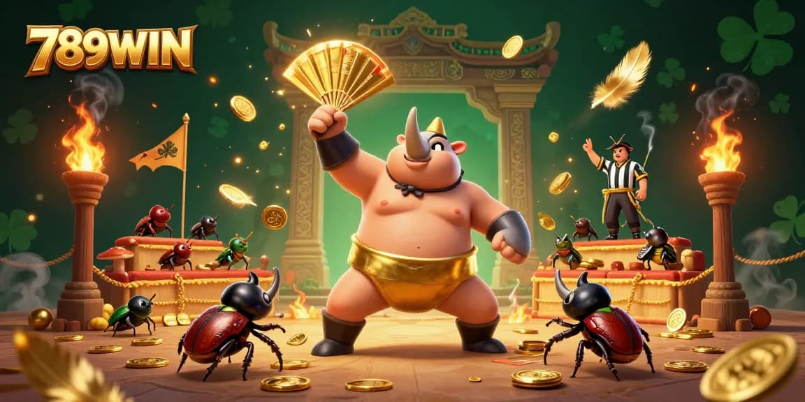 Witness 789WIN's thrilling experience with our sumo champion beetle amidst gold coins and vibrant game elements.