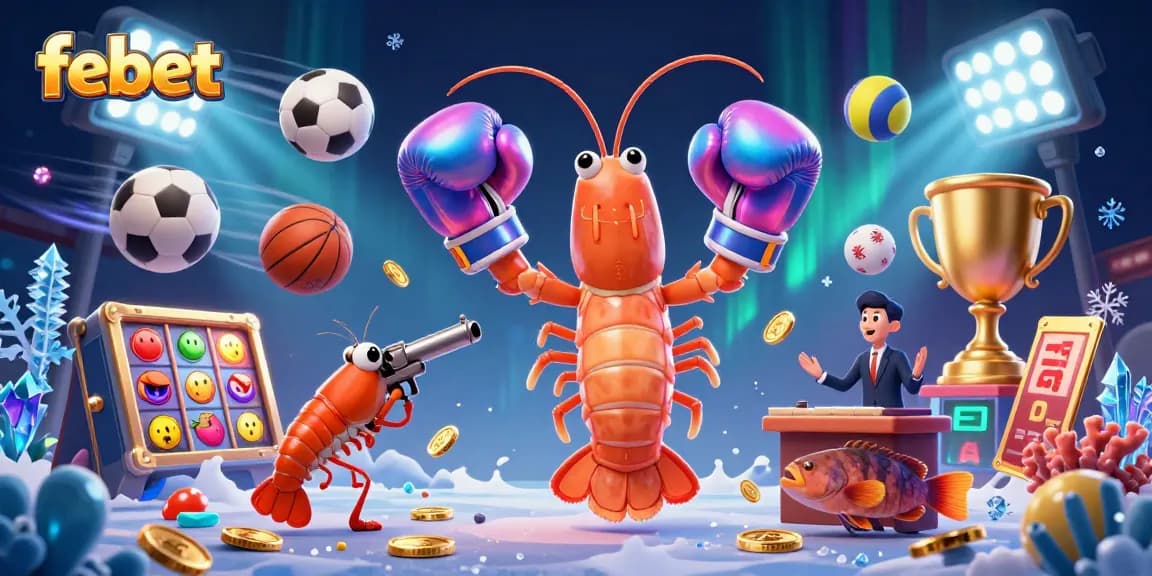 Febet showcases a vibrant 3D casino illustration featuring animated characters around sports elements and slot machine symbols.