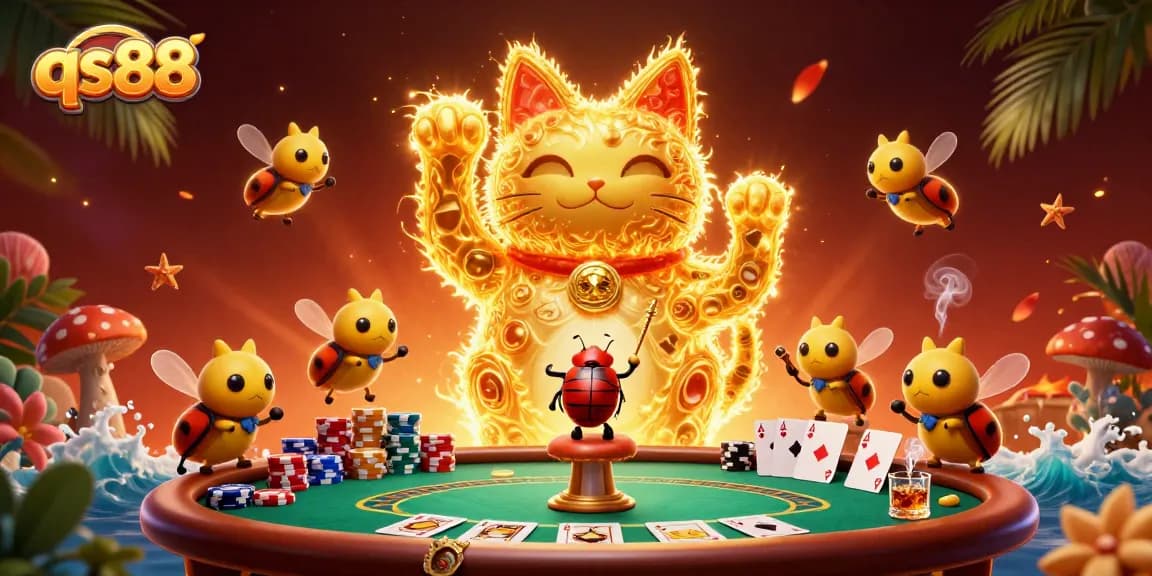 Play thrilling games at qs88 online casino, where golden fireflies create luck with vibrant poker elements.