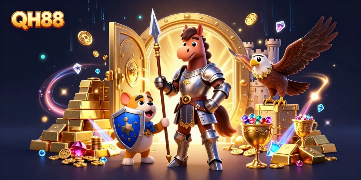 Engage in the excitement of QH88 with a knight, puppy, and falcon amidst treasure and casino elements.