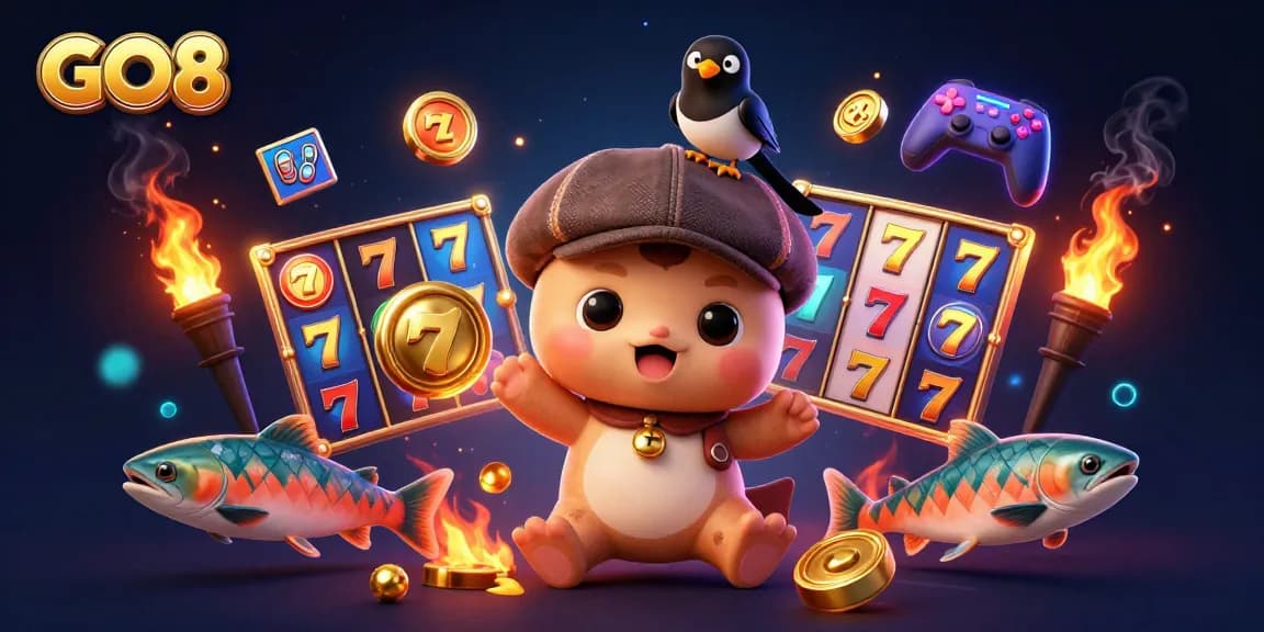 Spin the excitement at GO8 casino, featuring charming cartoon characters among vibrant slot reels and jackpots.