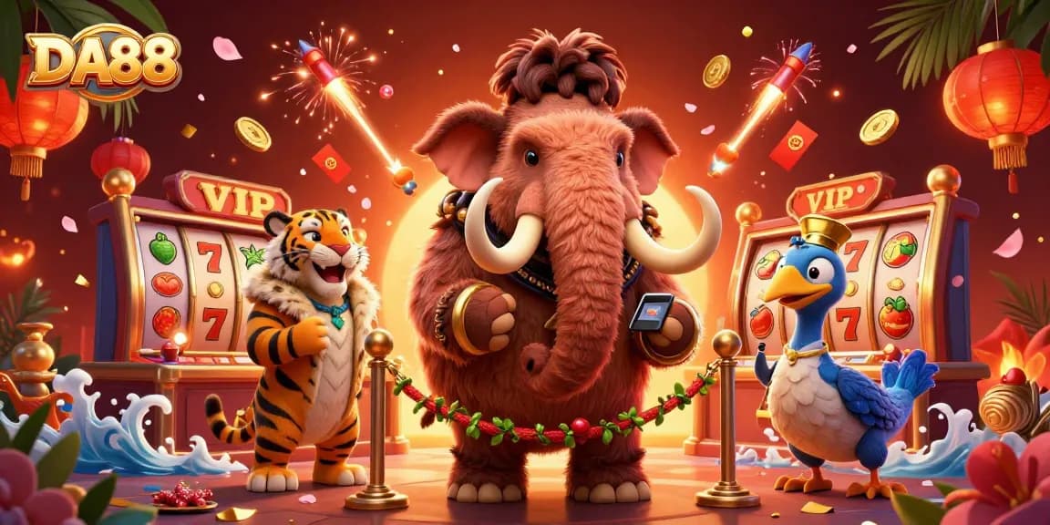 Experience thrilling gaming at DA88 with a vibrant casino scene featuring a woolly mammoth bouncer and saber-tooth tiger VIP.