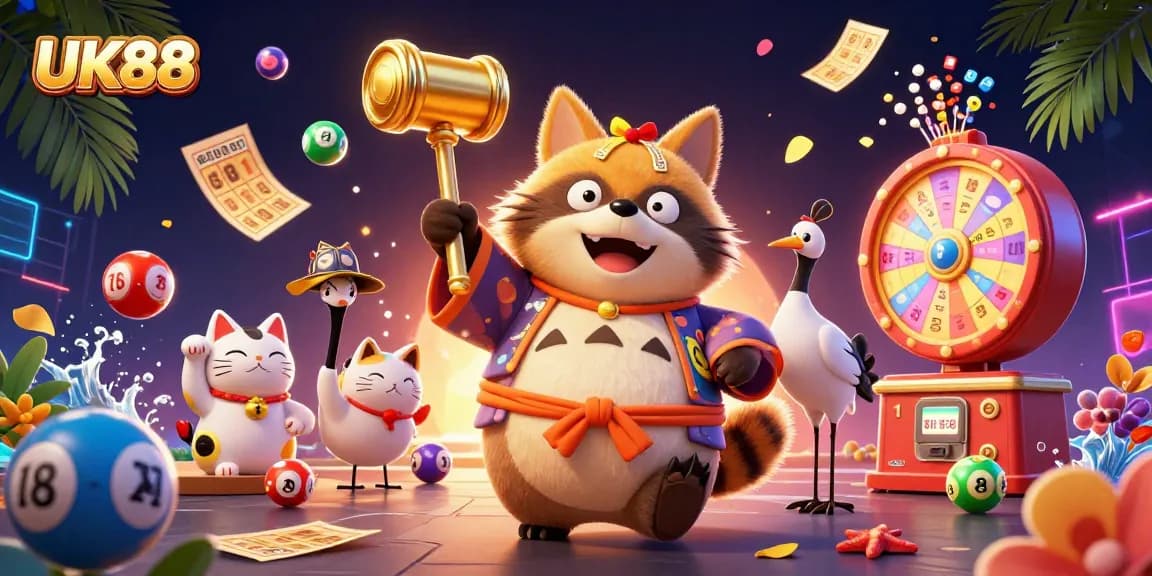 Engage with UK88's vibrant casino world, featuring festivities and playful characters in a colorful scene.