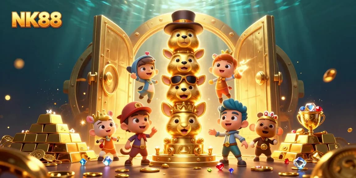Experience the excitement of casino gaming with NK88's vibrant illustration featuring a golden totem and treasures.