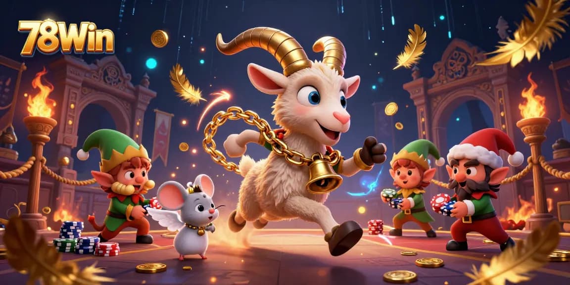 Engage in thrilling gameplay at 78Win, where festive characters fill a vibrant casino scene.