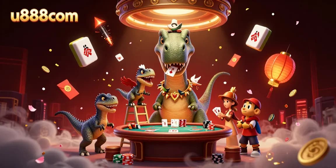 u888com showcases a vibrant casino scene with a brontosaurus and raptor dealing poker cards surrounded by game elements.