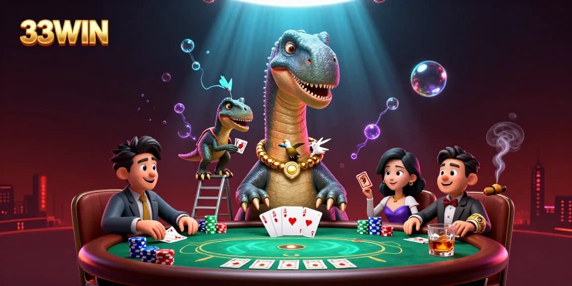 33WIN casino scene featuring a giant brontosaurus and raptor dealing cards in a vibrant poker setting
