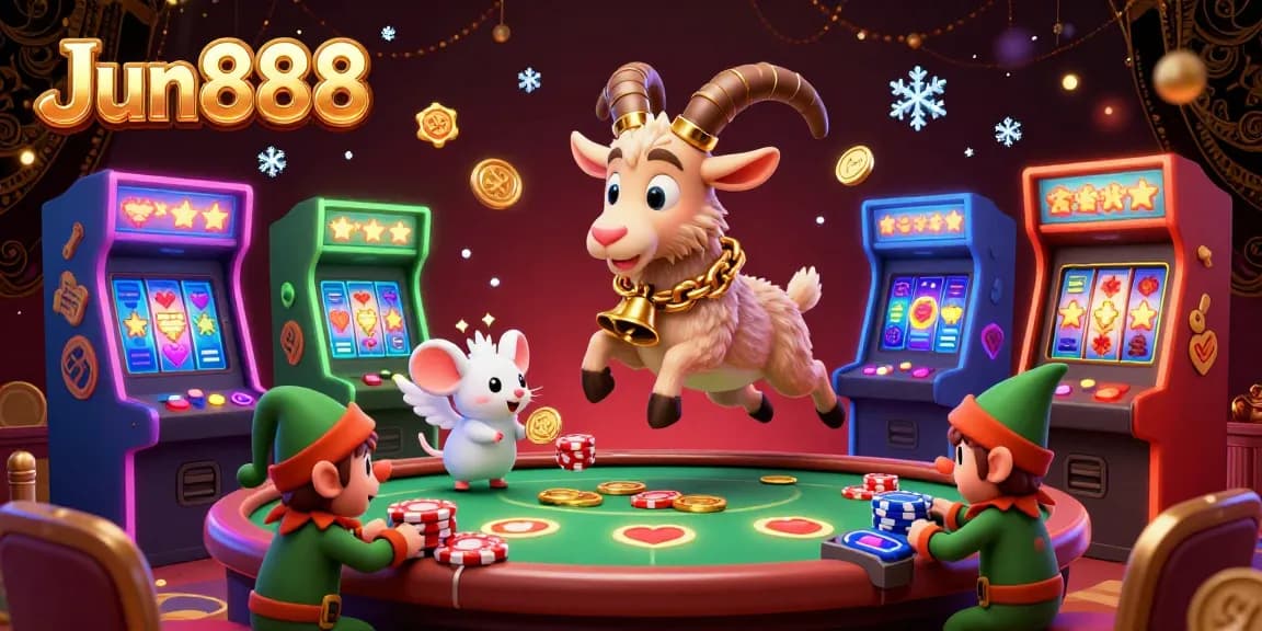 Experience the vibrant atmosphere of Jun888's casino, featuring a dynamic 3D Krampus, angel mouse, and mischievous gremlins.
