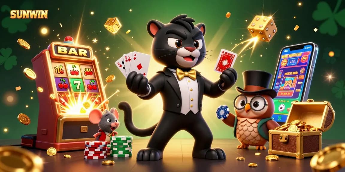 Experience thrilling gaming action at SUNWIN with a stylish panther dealer and rich casino elements.